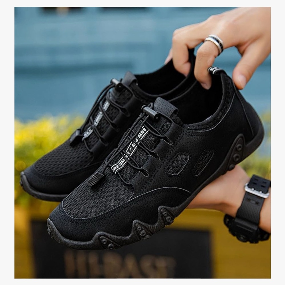 Men's Size 10 Black Athletic Slip On Sneakers with Drawstring Pull.